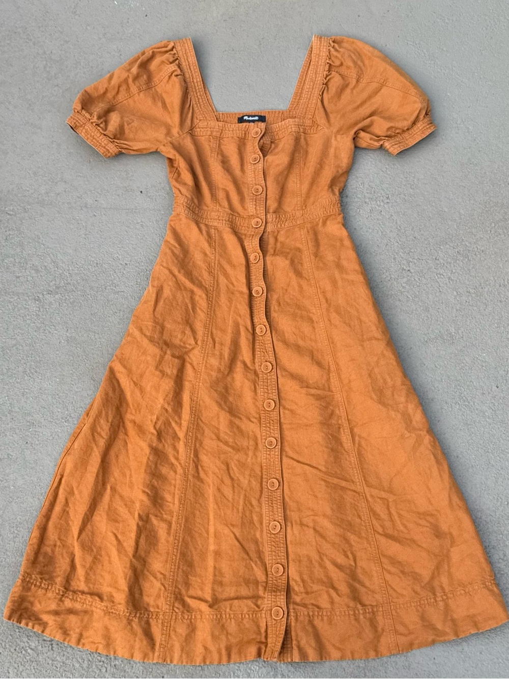 Madewell Seamed Puff Sleeve Midi Dress Rust Brown Size 00